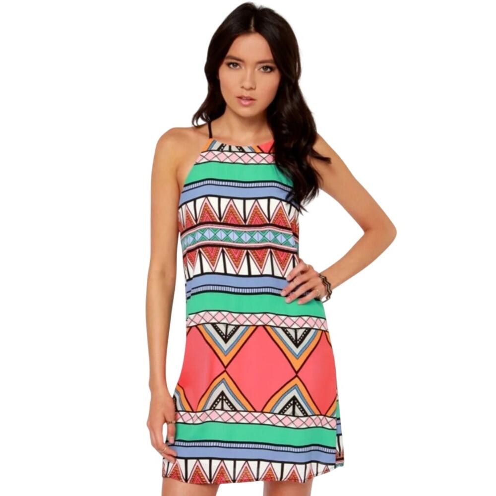 Everly Colorful Shift Mini Dress S Boho Chic Modern Artsy Career Casual USA